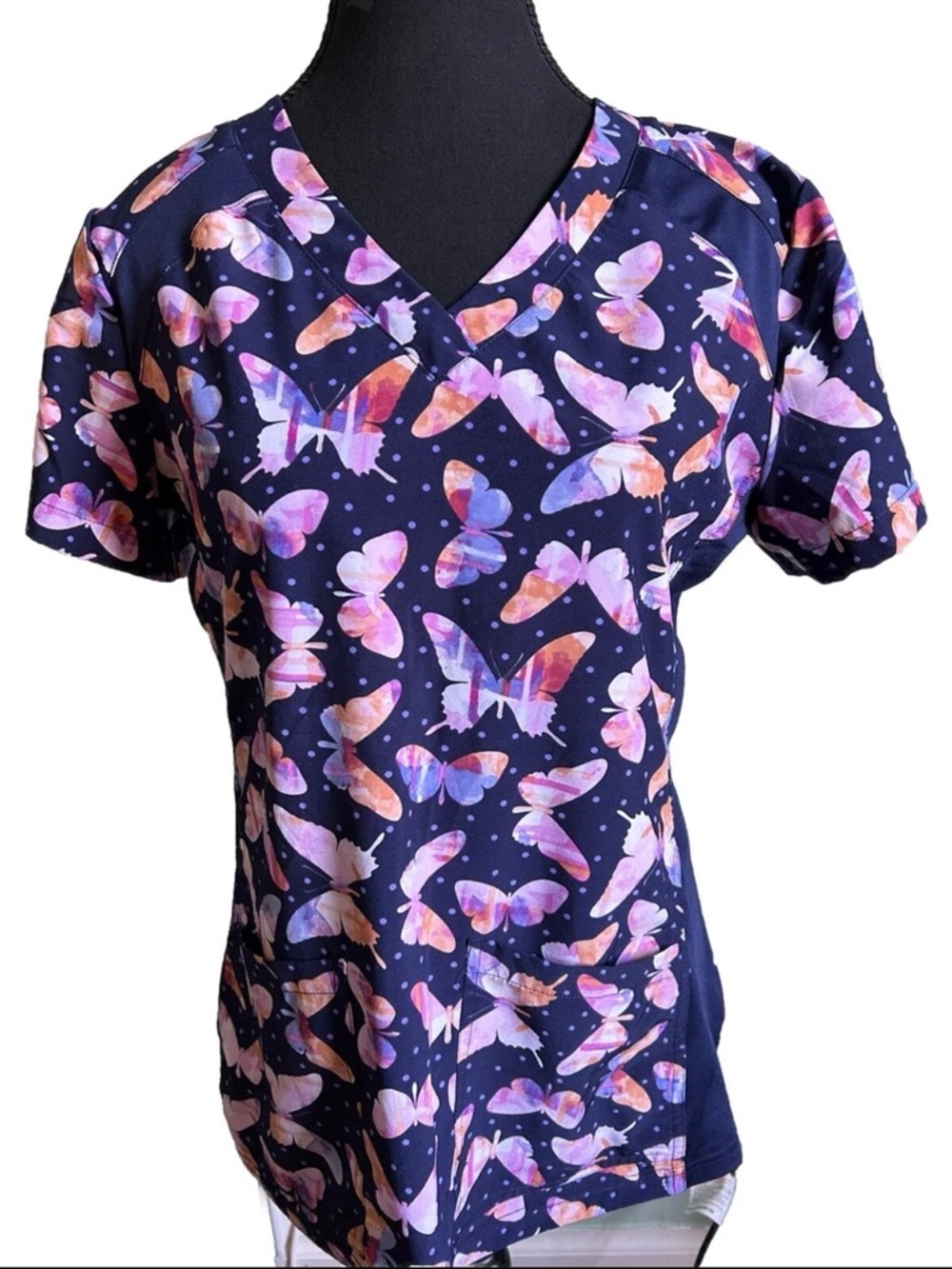 Navy Butterfly Print V-Neck Scrub Top - Unbranded
